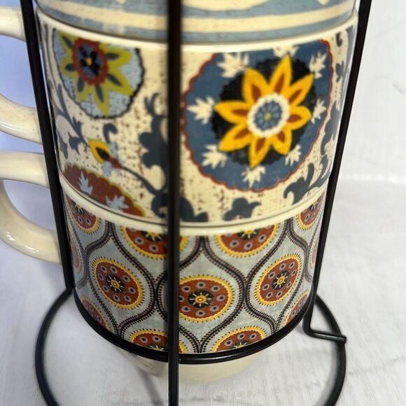 Lot of 4 Pier 1 Imports Ceramic Stackable Mugs Hand Painted Cup w/ Metal Holder - Picture 3 of 6